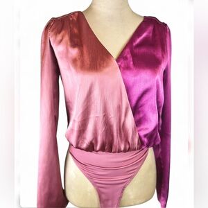 Peach Love California Vivid Pink Satin V Neck Bodysuit Size S